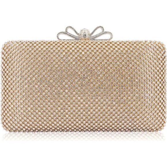 Rhinestone Clutch Purse with Crystal Bow Gold - Picture 1 of 6